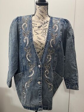 Embellished Blue Denim Jean Jacket with Sequin Detail